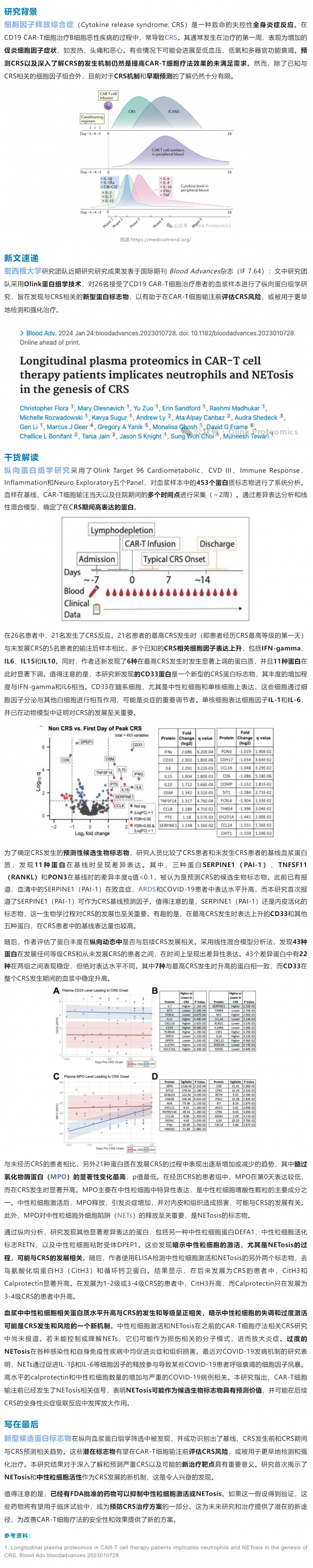 細胞治療 |Olink 血漿蛋白組學助力 CAR- T 治療中 CRS 機制研究與早期標志物發(fā)現(xiàn)